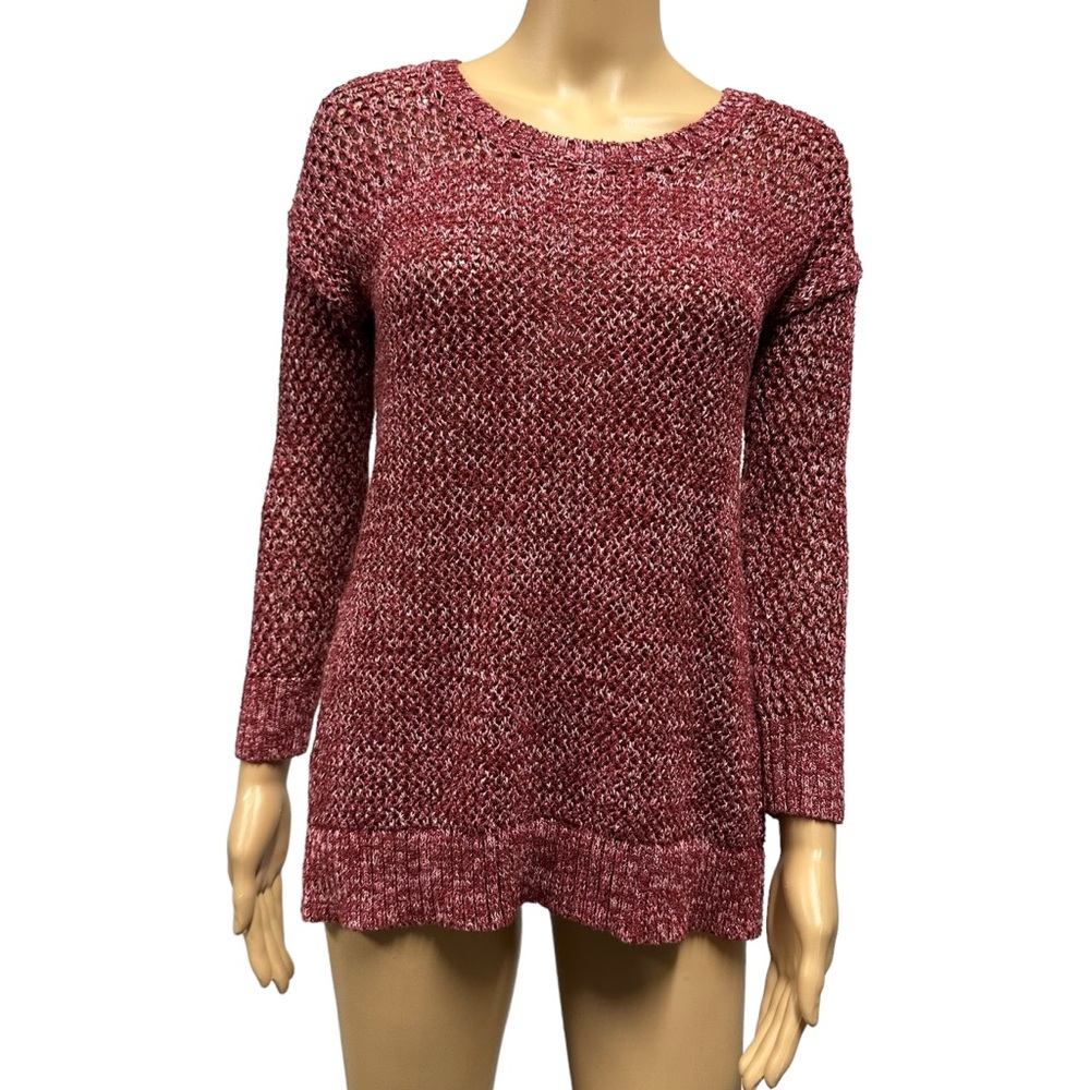 Lucky Brand Split Lace Up Burgundy 3 Quarter Sleeve Tunic Open Knit Sweater S